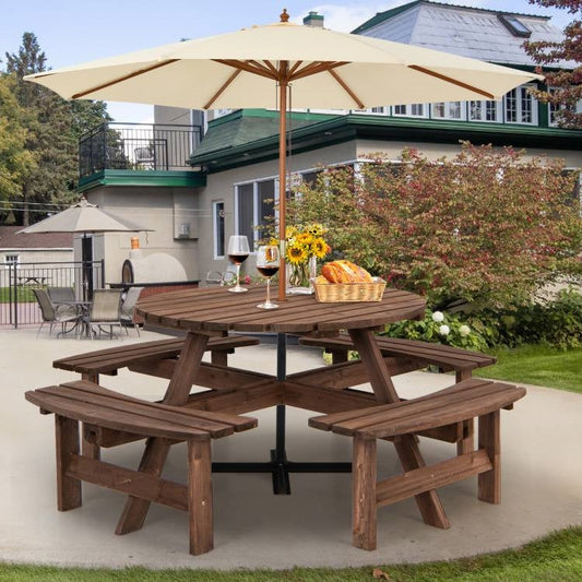 Espresso Wooden 8 Seater Picnic Table Umbrella Hole-1