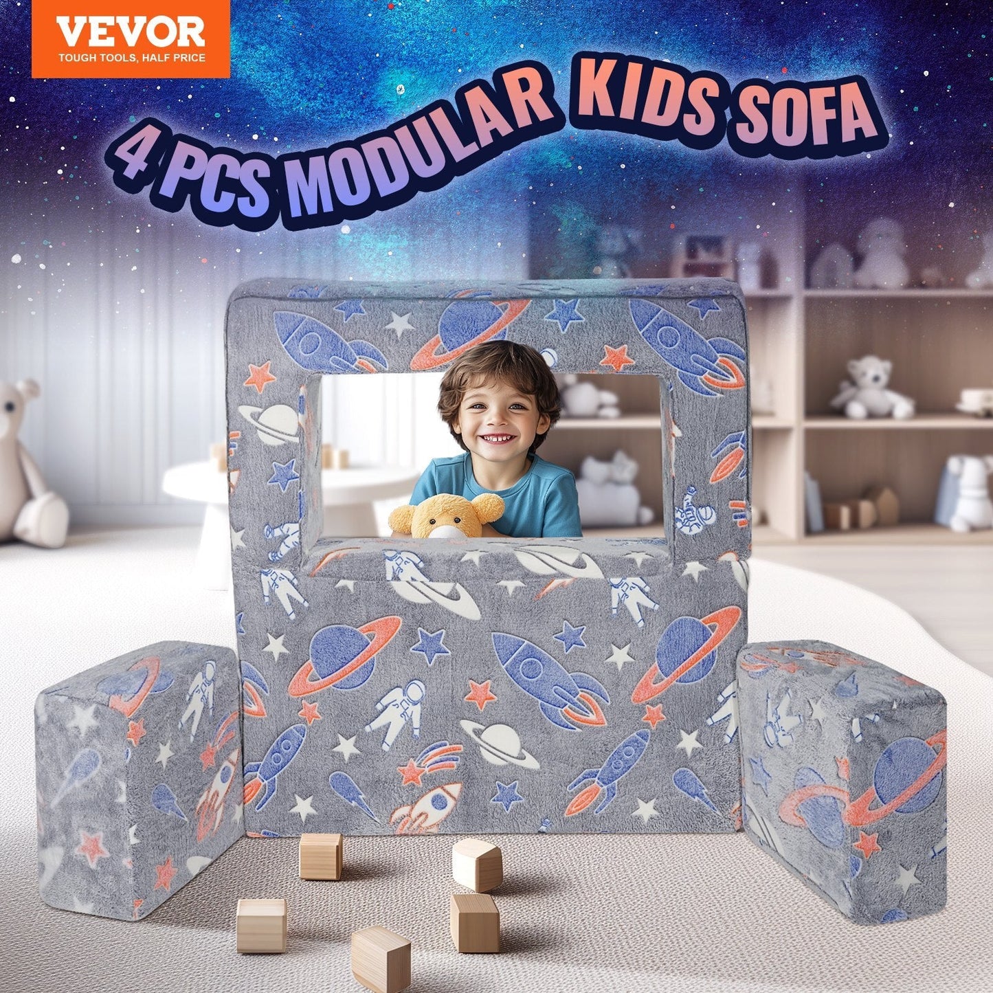 Kids Couch, 4Pcs Toddler Couch Sofa Bed, Kids Chair Seat Playroom Furniture, Child Sectional Sofa with Removable Cover for Kids Girls & Boys, Dark Grey W2B