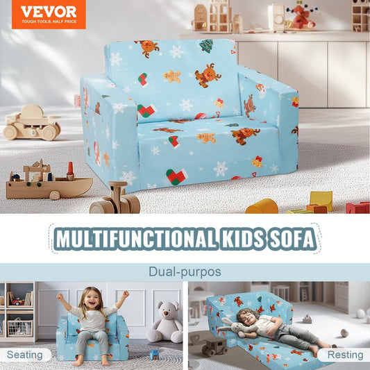 Kids Couch, 2-in-1 Toddler Chairs Comfy, Toddler Couch Sofa Bed Fold Out, Convertible Sofa to Lounger, Kids Chair Seat Playroom Furniture for Kids Girls & Boys, Sky Blue W2B