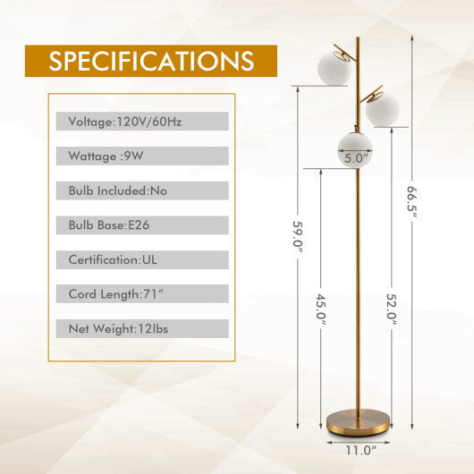 3-Globe Floor Lamp with Foot Switch and Bulb Bases-Golden W2B