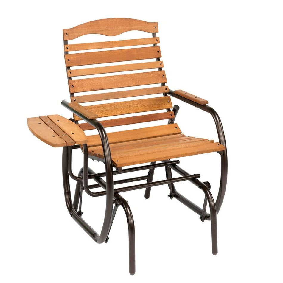 Farmhouse Steel Frame Outdoor Glider Chair with Wood Slats and Side Tray Table FastFurnishings