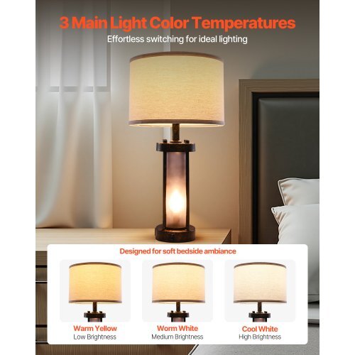 Table Lamps Set of 2, Dimmable Farmhouse Bedside Nightstand Lamps, Vintage Lamp with LED Bulb and Linen Shades, Bedside Lamp with USB C+A Ports & AC Outlet, for Living Room, Bedroom & Office W2B