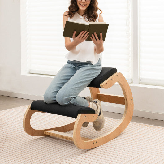Wooden Rocking Chair with Comfortable Padded Seat Cushion and Knee Support-Black W2B