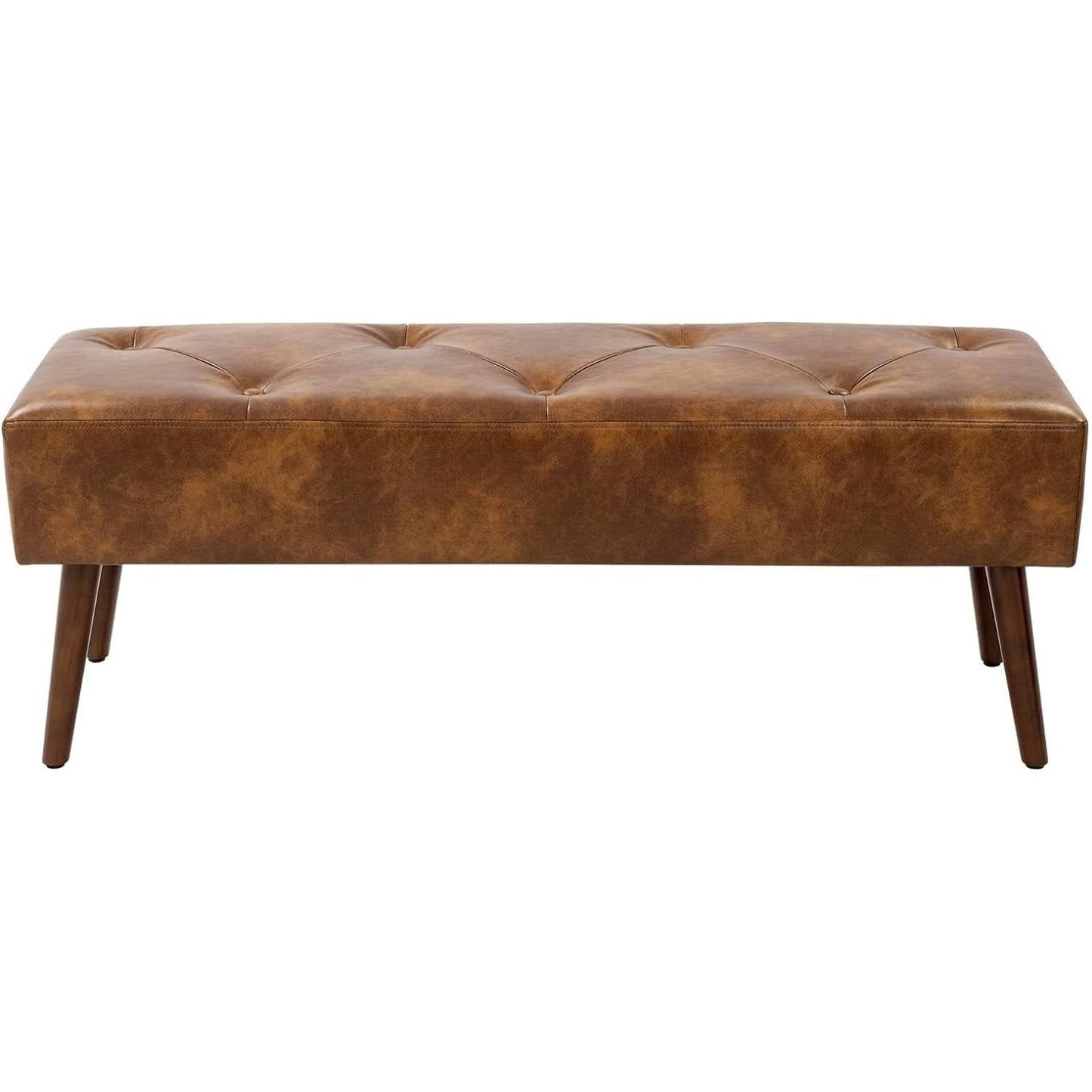 Mid-Century End of Bed Bench with Brown Leather Upholstered Seat Solid Wood Legs FastFurnishings