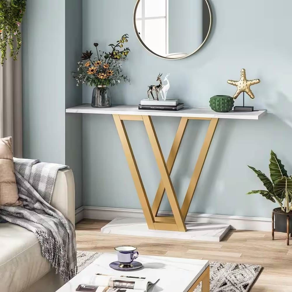 Modern Industrial Console Table with Faux White Marble Top and Gold Frame LuxuryLifeWay Online Store