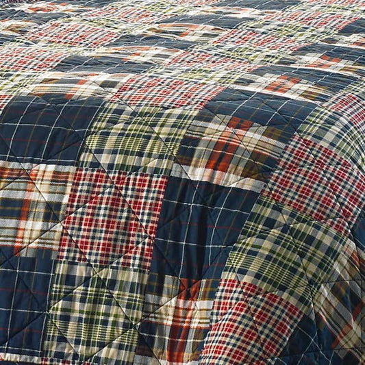 Full / Queen Farmhouse Red Navy Plaid 100-Percent Cotton Reversible Quilt Set HomePacific