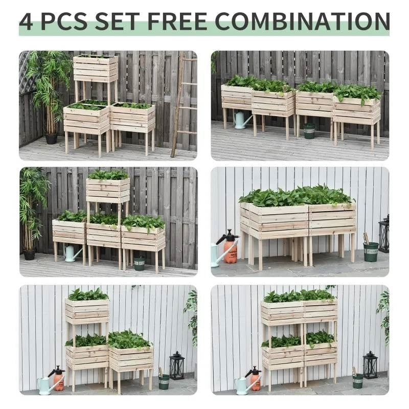 Farmhouse 4 Piece Wooden Elevated Raised Garden Bed Planter Box FastFurnishings