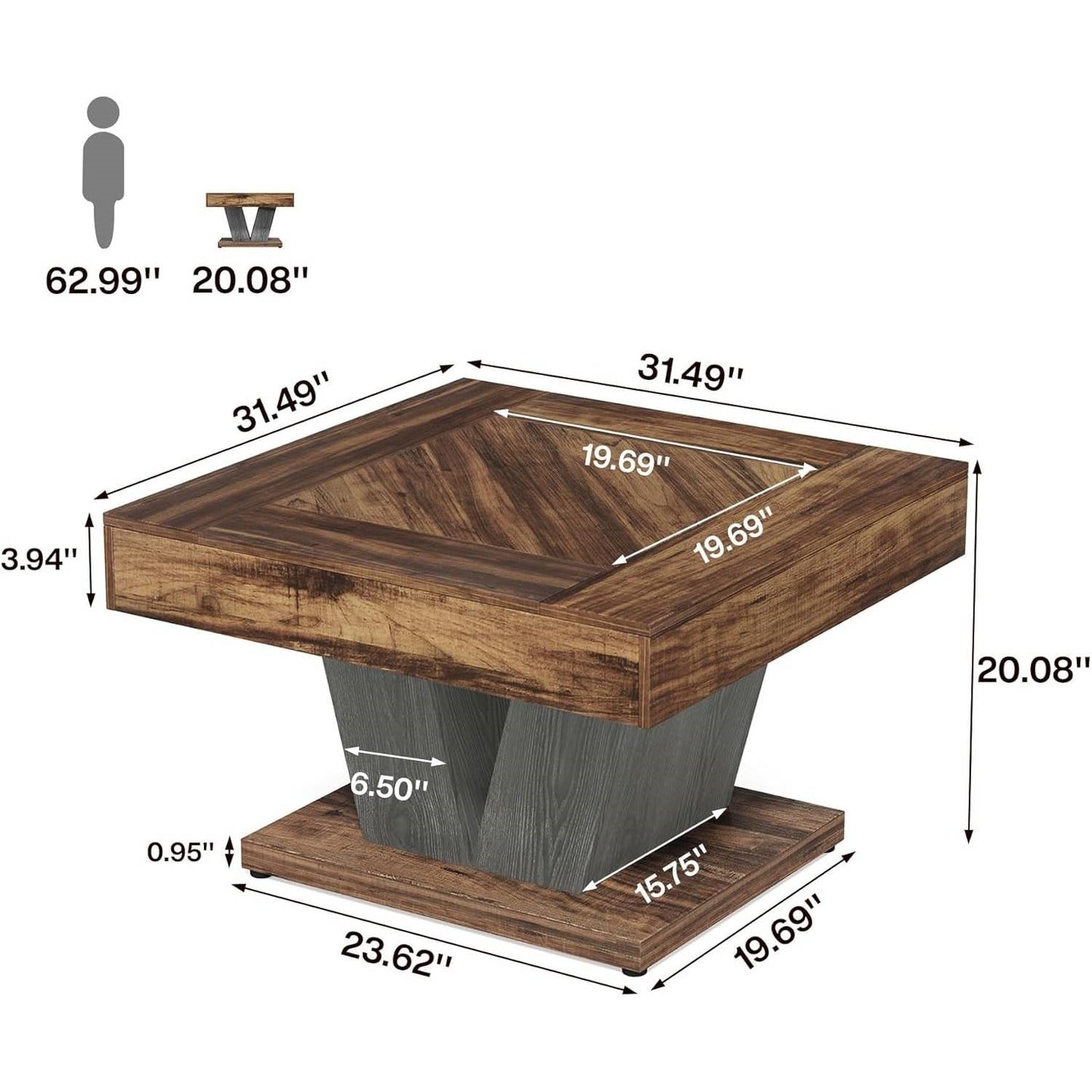 Square Farmhouse Coffee Table in Brown Black Wood Finish-4