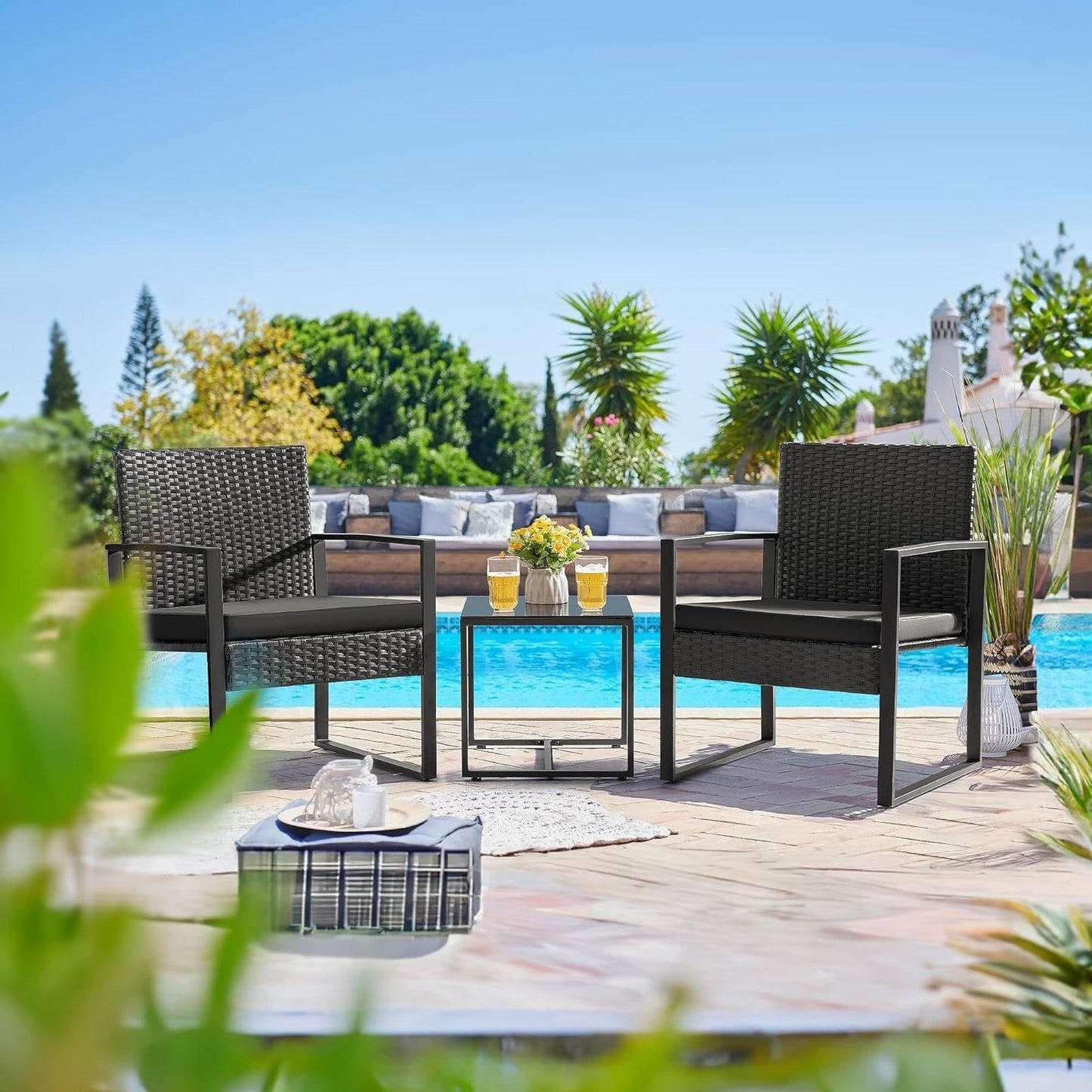Outdoor 3-Piece Patio Furniture Set with 2 Black Patio Chairs and 1 Side Table FastFurnishings