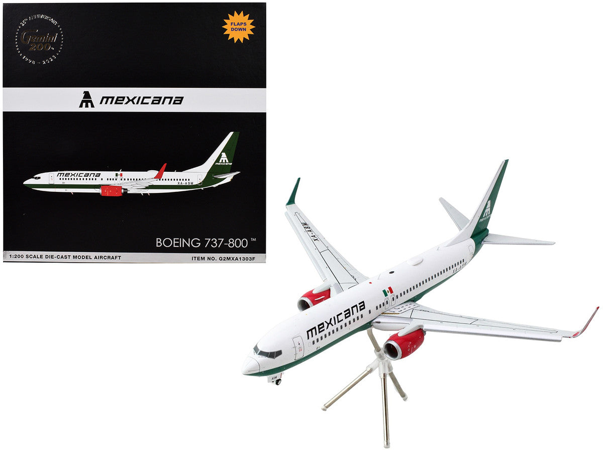 Boeing 737-800 Commercial Aircraft with Flaps Down "Mexicana" (XA-ASM) White with Green Stripes "Gemini 200" Series 1/200 Diecast Model Airplane by GeminiJets GeminiJets