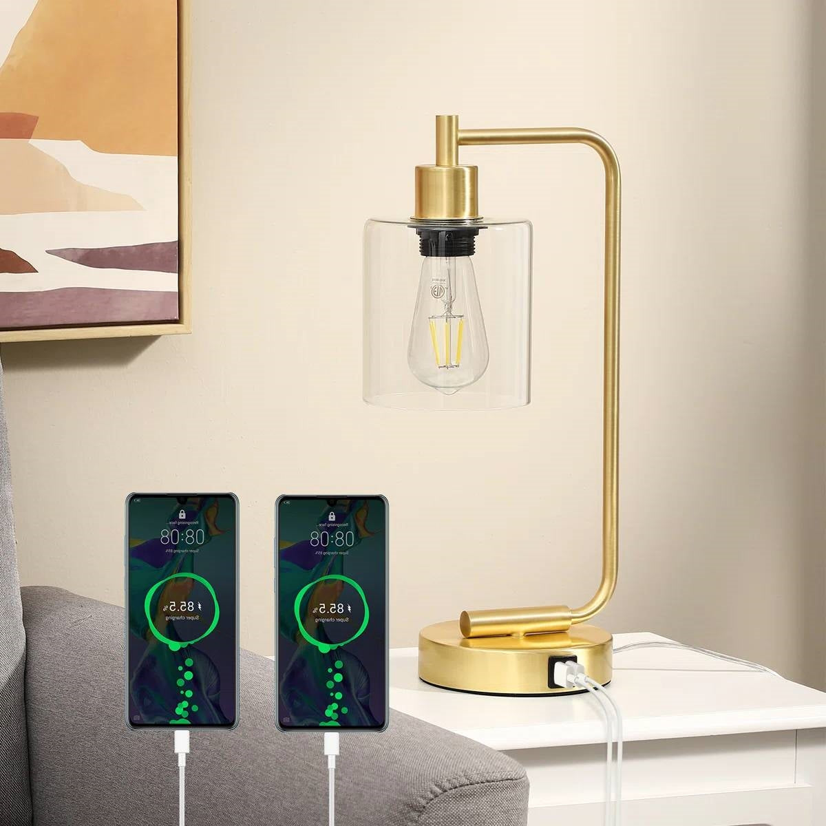Set of 2 - Gold Farmhouse Bedside Table Lamp Desk Light with USB Charging Ports FastFurnishings