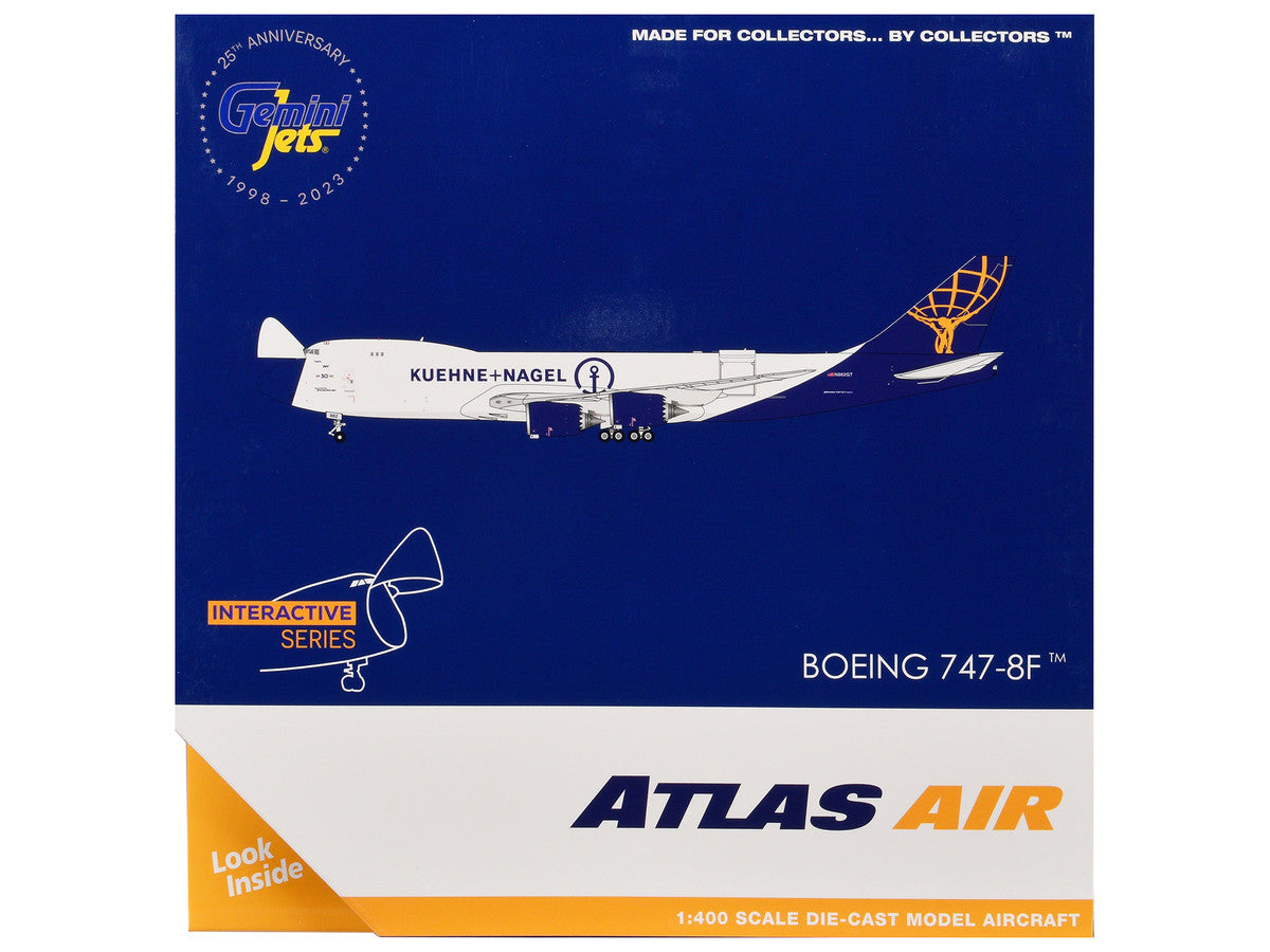 Boeing 747-8F Commercial Aircraft "Atlas Air - Kuehne+Nagel" (N862GT) White with Blue Tail "Interactive Series" 1/400 Diecast Model Airplane by GeminiJets-2