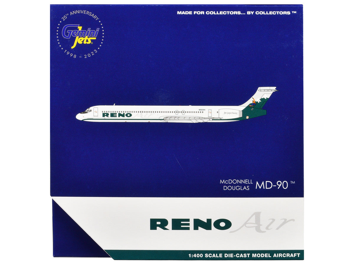 McDonnell Douglas MD-90 Commercial Aircraft "Reno Air" (N905RA) White with Green Tail 1/400 Diecast Model Airplane by GeminiJets GeminiJets