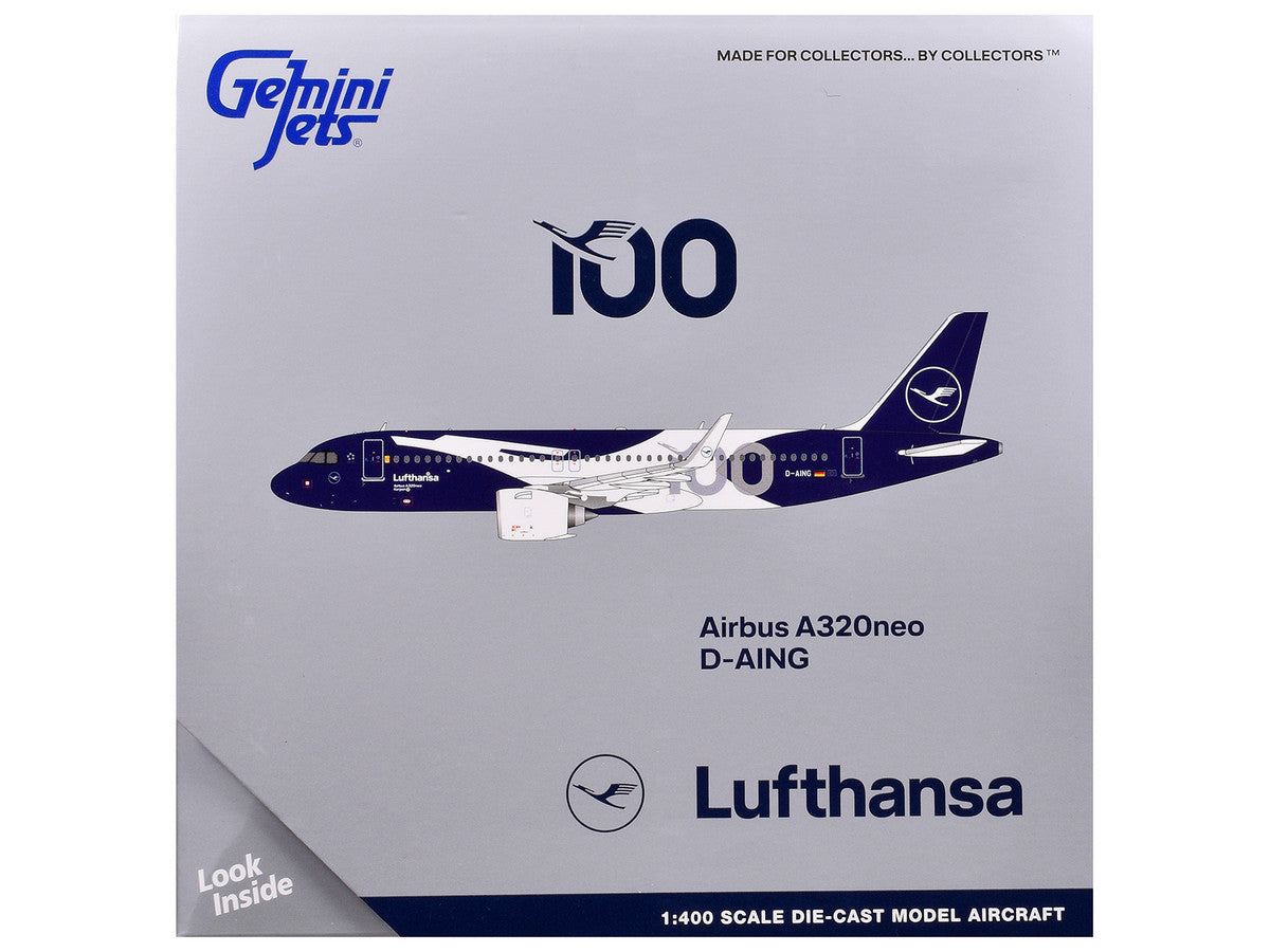 Airbus A320neo Commercial Aircraft "Lufthansa 100th Anniversary" (D-AING) White and Dark Blue 1/400 Diecast Model Airplane by GeminiJets GeminiJets
