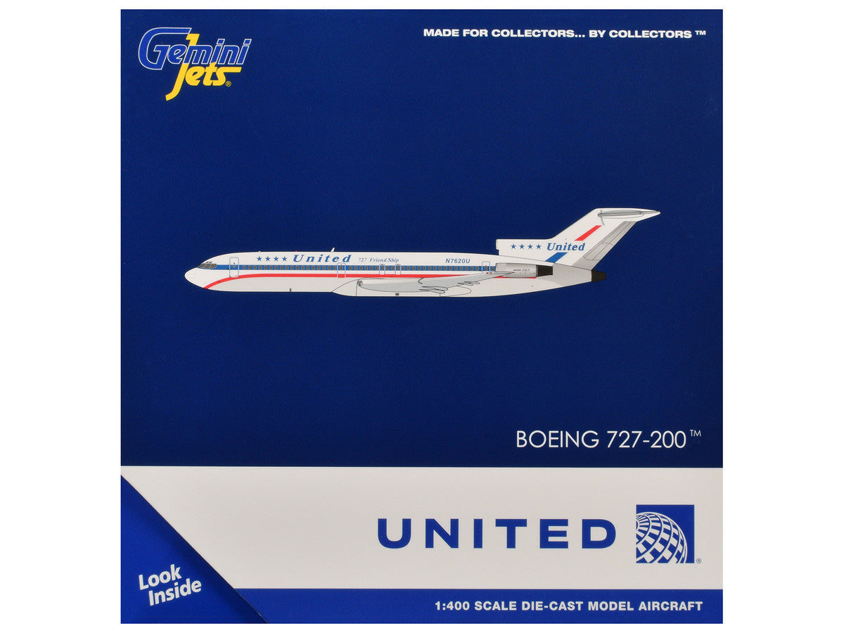 Boeing 727-200 Commercial Aircraft "United Airlines - Stars & Bars/Friend Ship" (N7620U) White with Red and Blue Stripes 1/400 Diecast Model Airplane by GeminiJets GeminiJets