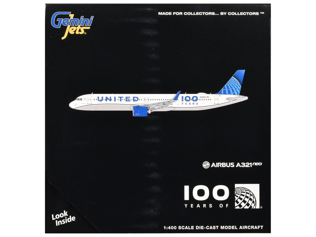 Airbus A321neo Commercial Aircraft "United Airlines 100 Years" (N44550) White with Blue Tail 1/400 Diecast Model Airplane by GeminiJets GeminiJets
