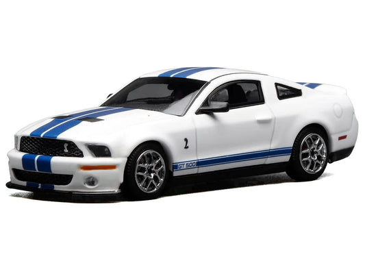 2007 Ford Mustang Shelby GT500 Performance White with Blue Stripes 1/64 Diecast Model Car by MotorHelix & Greenlight Motorhelix