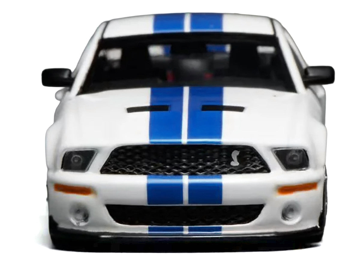 2007 Ford Mustang Shelby GT500 Performance White with Blue Stripes 1/64 Diecast Model Car by MotorHelix & Greenlight Motorhelix