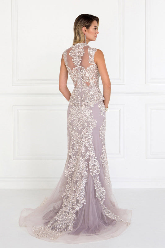 Mesh Mermaid Long Dress with Embroidery and Jewels Embellished Tux-USA