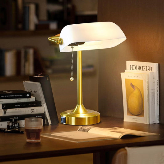 Vintage USB Bankers Lamp Desk Light with Gold Base and White Shade-1