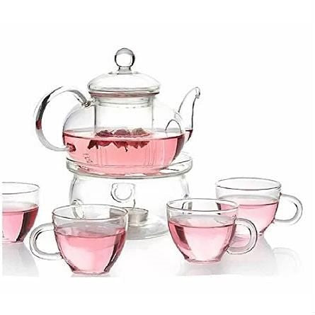 6-Piece Glass Tea Pot Set with 4 Cups Teapot Warmer and Infuser Unbranded