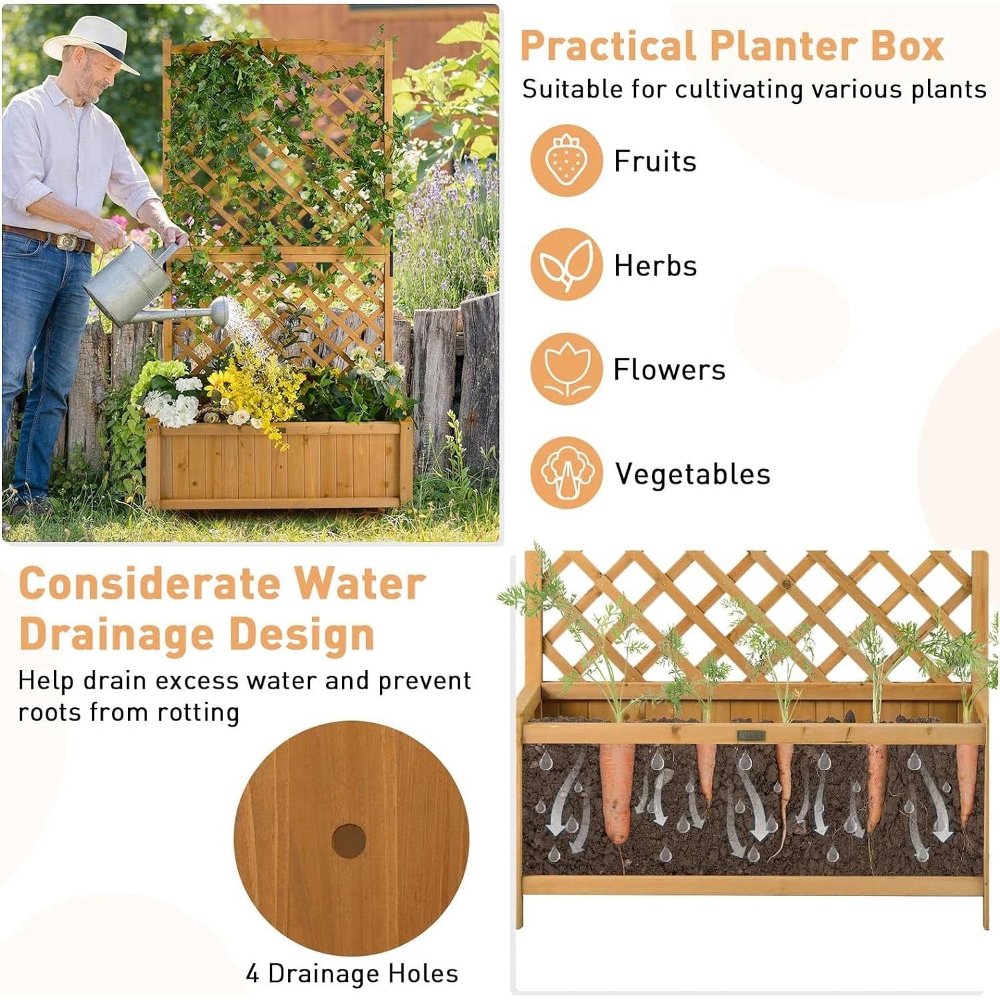Outdoor Fir Wood Raised Garden Bed Planter Box with 71-inch High Trellis FastFurnishings