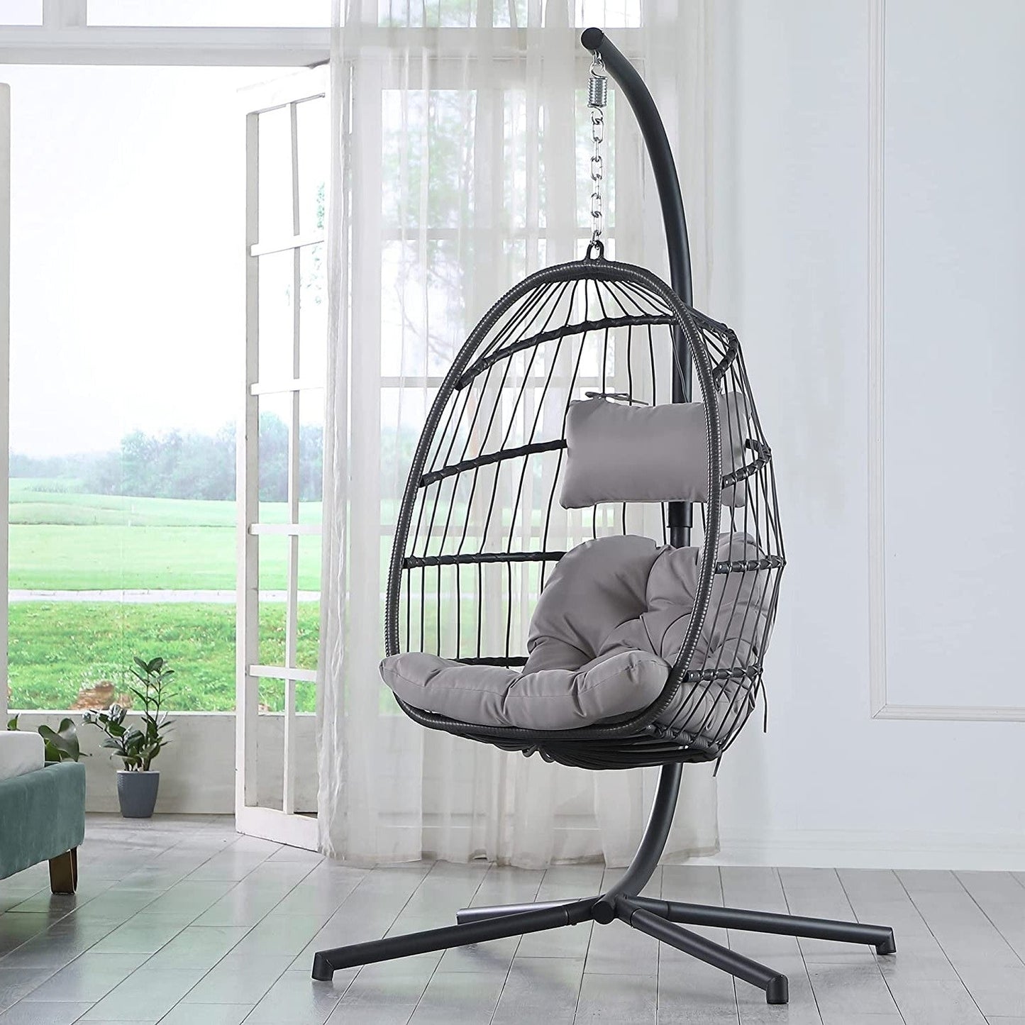 Grey Indoor/Outdoor Wicker Rattan Aluminum Frame Swing Egg Chair Hammock FastFurnishings