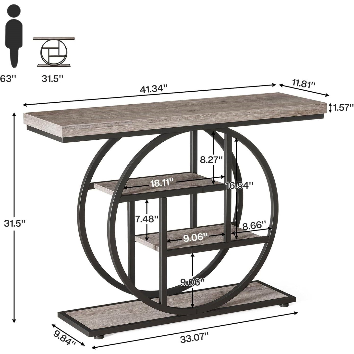 Modern 41-inch Wide Narrow Entryway Console Table with Grey Wood Finish Shelves-4