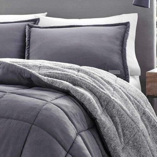 King Plush Sherpa Reversible Micro Suede Comforter Set in Gray FastFurnishings