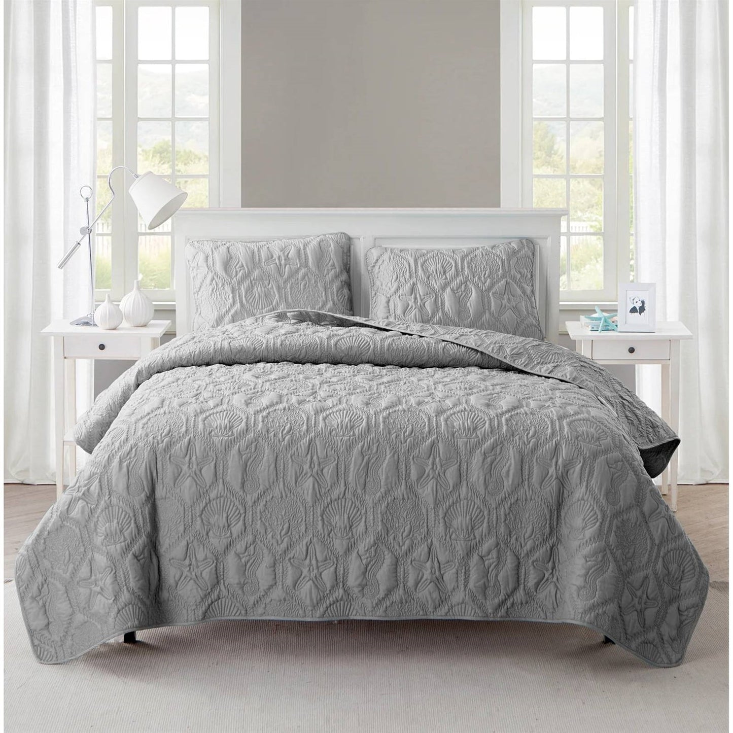 King Coastal Beach Embossed Starfish Seashell Seahorse Grey 3-Piece Quilt Set FastFurnishings