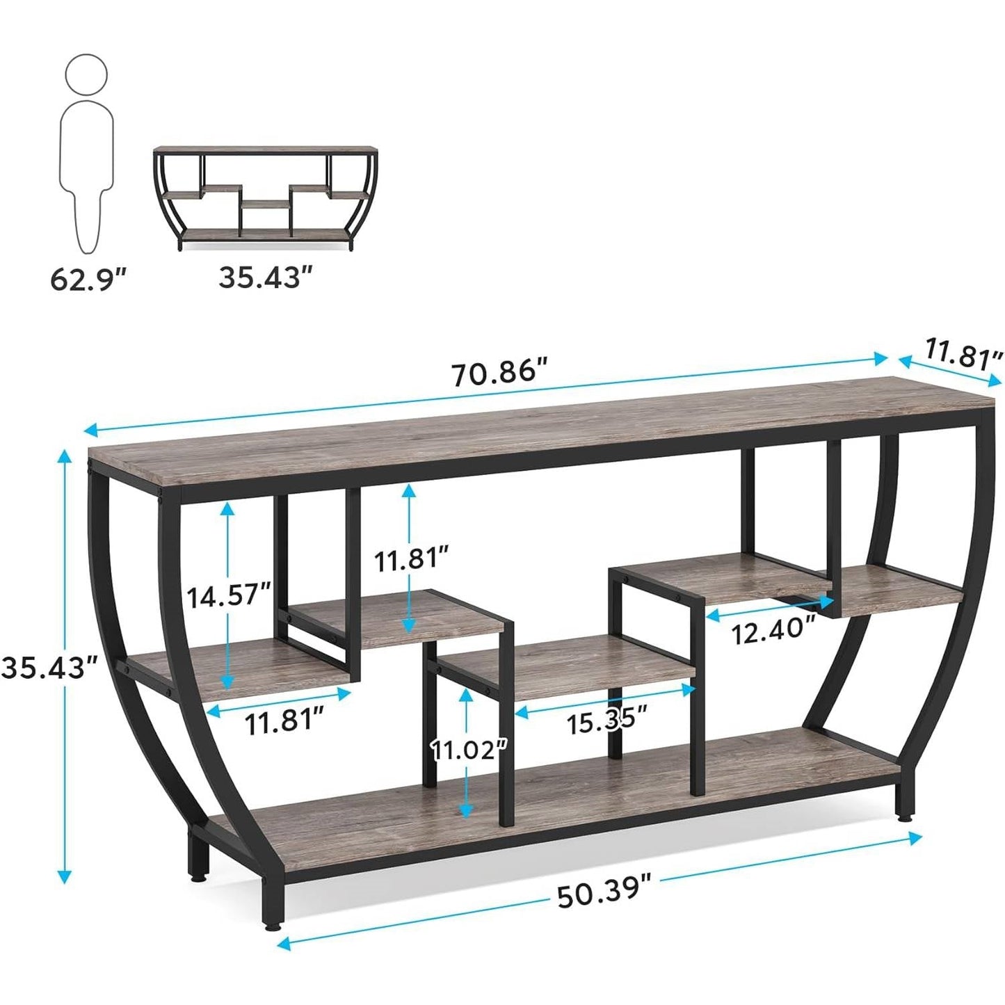 Industrial Chic 70-inch Long Narrow Console Sofa Table with Gray Wood Shelves-4