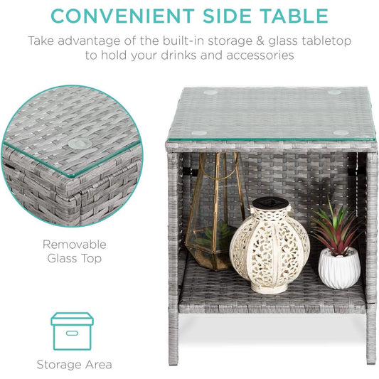 3-Piece Grey PE Wicker Outdoor Patio Furniture Dining Set w/ Navy Blue Cushions FastFurnishings