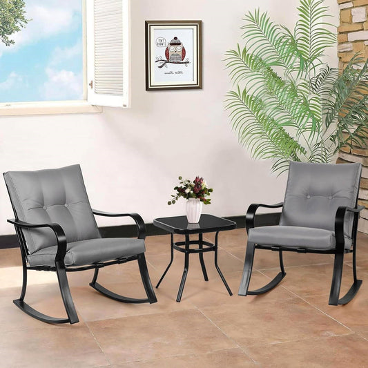 Outdoor 3-Piece Patio Furniture Table Rocking Chairs Set with Grey Cushions FastFurnishings