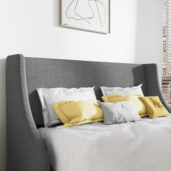 Queen Size Grey Linen Blend Upholstered Platform Bed with Wingback Headboard FastFurnishings