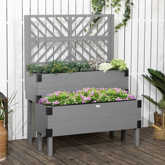 2 Tier Self Draining Grey Wood Raised Garden Bed Planter Box with Trellis FastFurnishings