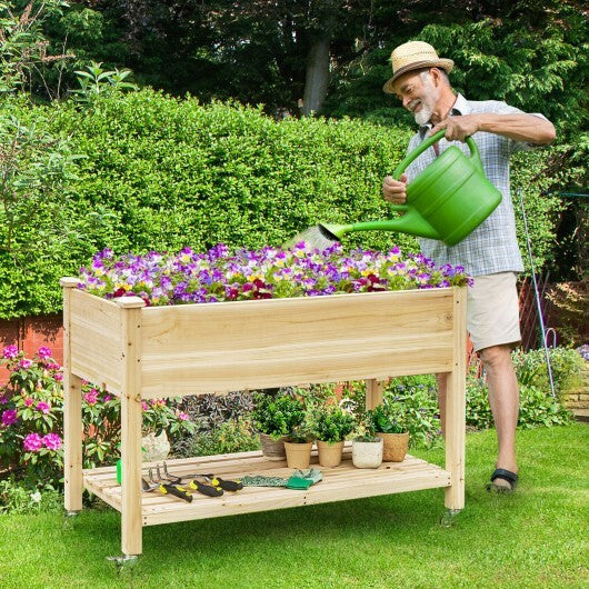Wood Elevated Planter Bed with Lockable Wheels Shelf and Liner W2B