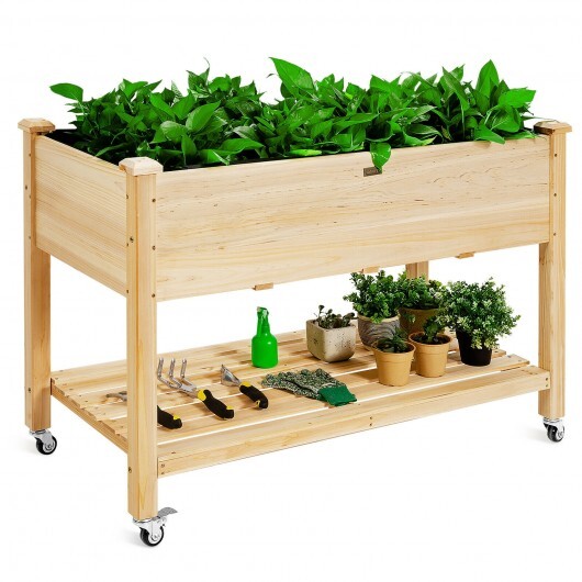 Wood Elevated Planter Bed with Lockable Wheels Shelf and Liner W2B