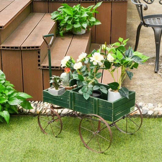 Wooden Wagon Plant Bed With Wheel for Garden Yard-Green - Color: Green W2B