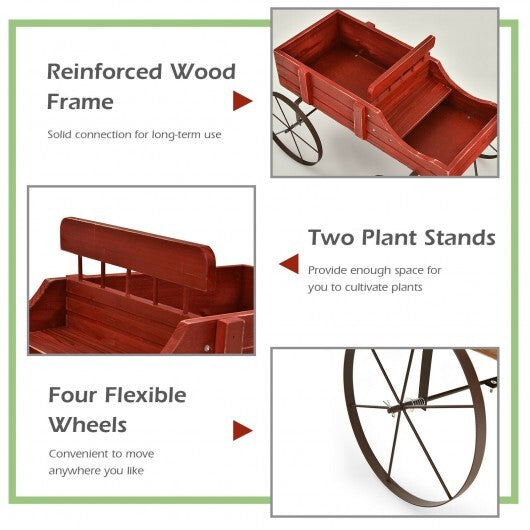 Wooden Wagon Plant Bed With Wheel for Garden Yard-Red - Color: Red W2B