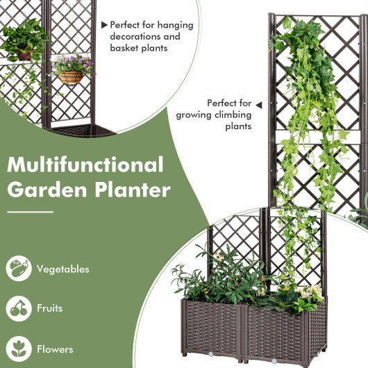 PE Rattan Raised Garden Bed with Trellis Planter Box for Climbing Plants-Brown - Color: Brown W2B