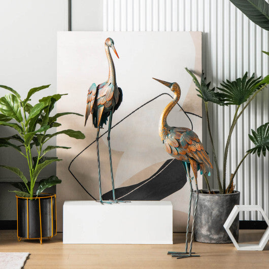 Set of 2 Crane Garden Statues Standing Metal Crane Sculptures Bird W2B