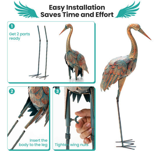Set of 2 Crane Garden Statues Standing Metal Crane Sculptures Bird W2B