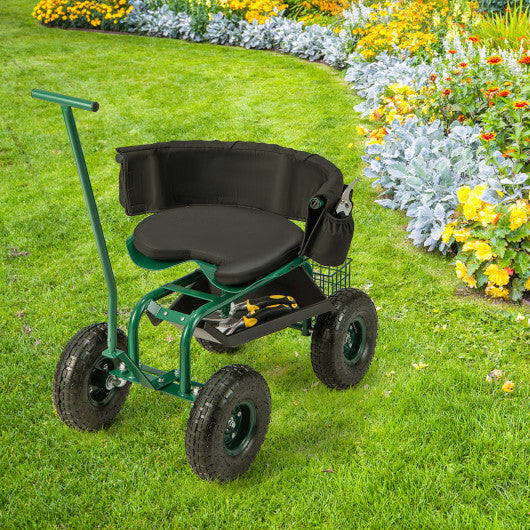 Rolling Garden Cart with Height Adjustable Swivel Seat and Storage Basket-Green W2B