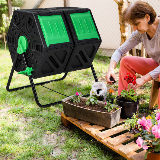 Dual Chamber Garden Compost Tumbler with Sliding Doors-Black & Green W2B