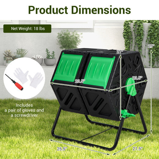 Dual Chamber Garden Compost Tumbler with Sliding Doors-Black & Green W2B