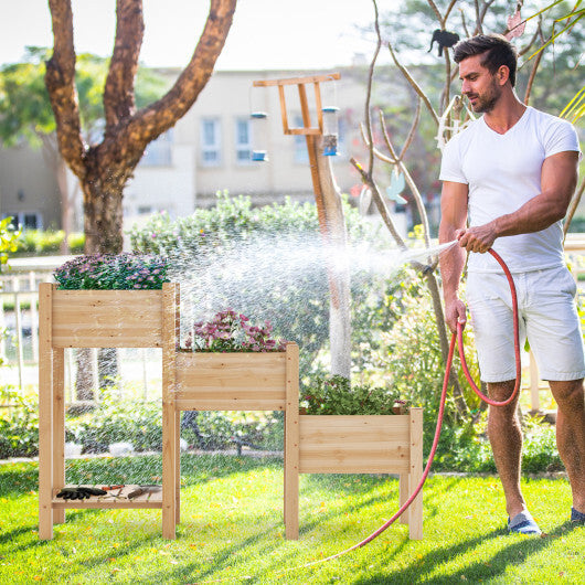 3-Tier Wooden Raised Garden Bed with Open Storage Shelf-Natural W2B