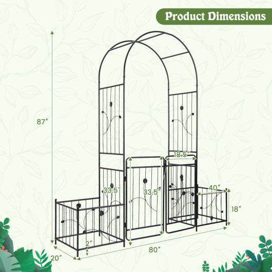 87 Inches Garden Arbor with Lockable Gate Side Planters-Black W2B
