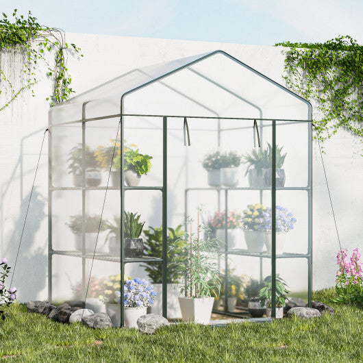 Walk-in Greenhouse with 3 Tiers 8 Shelves PVC Cover Roll-up Zippered Door W2B