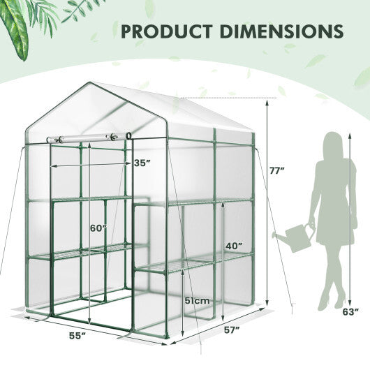 Walk-in Greenhouse with 3 Tiers 8 Shelves PVC Cover Roll-up Zippered Door W2B