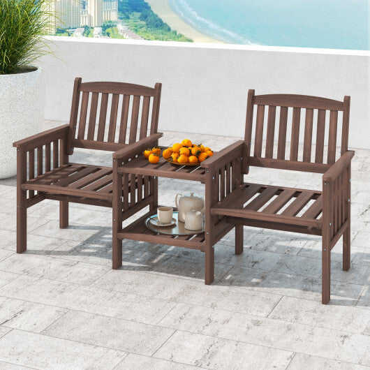 Outdoor Fir Wood Loveseat with 2-Tier Side Table and 1.96" Umbrella Hole-Coffee W2B